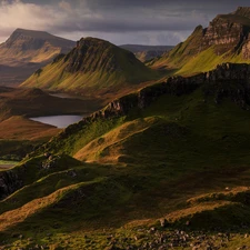 lakes, clouds, Scotland, Isle of Skye, Quiraing, Mountains, The Hills, landslide