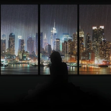 Manhattan, Windows, Rain, skyscrapers