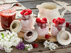 Flowers, Jam, Jars, raspberries, dessert, without, jug