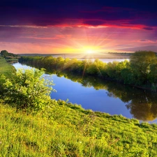 viewes, medows, sun, trees, River, rays, autumn