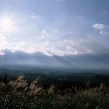 rays, Mountains, Sky, clouds, sun