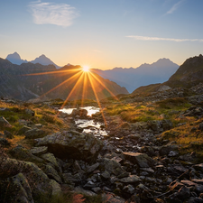 rays of the Sun, Mountains, puddle, Alps, Switzerland, rocks, Plants