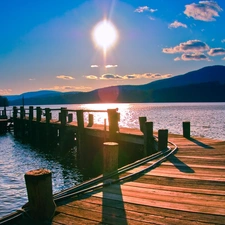 rays, sun, Platform, Mountains, lake