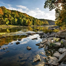 rays, sun, Stones, forest, River