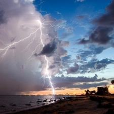 rays, sun, Storm, thunderbolt, sea