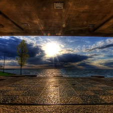 rays, sun, promenade, sea, shed