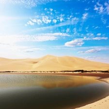 rays, sunny, Dunes, lake, Desert