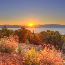 Mountains, rays of the Sun, VEGETATION, lake