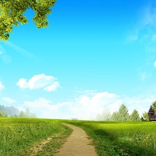 Way, Windmill, rays, Meadow