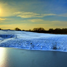 viewes, field, sun, trees, River, rays, winter