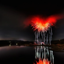 Red, fireworks, Field, Course, lake