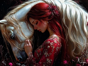 Hair, Longs, Horse, Red, Women, White, Flowers