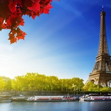 Red, Leaf, Eiffla, Paris, tower
