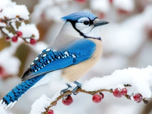 Red, Bird, A snow-covered, jay, snow, Fruits, twig