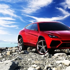 Red, Lamborghini Urus, Stones, Sky, River