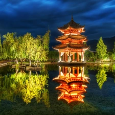 viewes, house, reflection, China, lake, trees