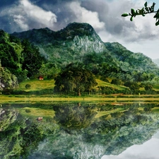 clouds, lake, reflection, Mountains