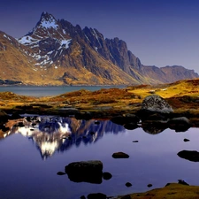 reflection, Mountains, lake