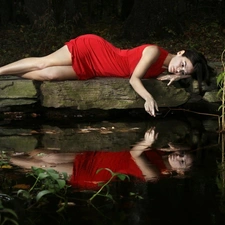 reflection, Women, lake