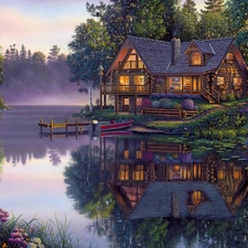 reflection, Mirror, lake, Boat, house