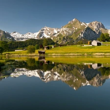 Mountains, Houses, reflection, lake