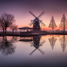 viewes, Windmill, east, trees, lake, reflection, sun