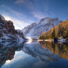 reflection, Pragser Wildsee Lake, viewes, Dolomites Mountains, Italy, trees, winter