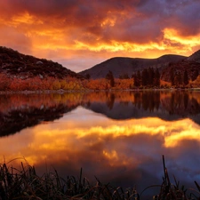 lake, Mountains, reflection, west, clouds, woods