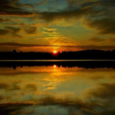 west, lake, reflection, sun