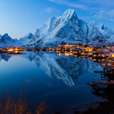 Reine Village, Norwegian Sea, light, winter, Mountains, Lofoten, Norway, Houses