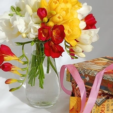 color, Boxes, ribbon, Freesias