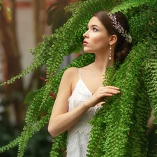 dress, fern, ear-ring, White, Women