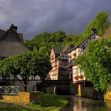 River, bridge, trees, viewes, Houses