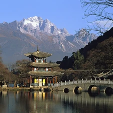 River, bridge, Mountains, Home, Japan