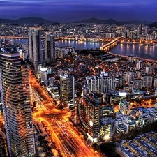 town, Mexico, River, Bridges, night, panorama