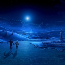 Frozen, winter, skaters, Mountains, River, Night