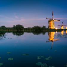 River, Sunrise, Kinderdijk Village, Windmills, Netherlands