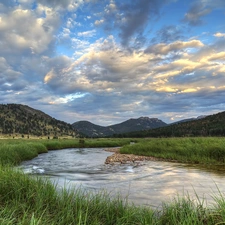 River, medows, Clouds, Sky, Mountains