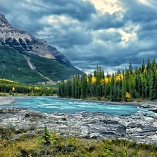 Mountains, woods, River, clouds