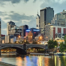 skyscrapers, bridge, River, clouds