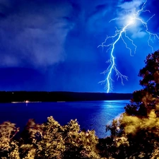 Storm, Night, River, lightning