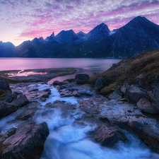 fjord, Mountains, Sunrise, River, Greenland, rocks, clouds
