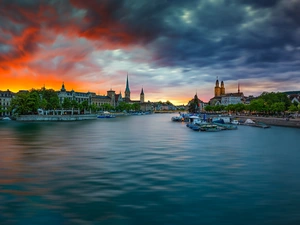 River Limmat, boats, Great Sunsets, bridge, Churches, Zurich, Switzerland, Houses