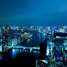 clouds, skyscrapers, River, Sumida, panorama, town, Tokio, nigh, bridge