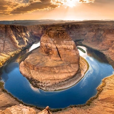 west, canyon, River, sun