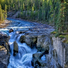 rocks, waterfall, forest