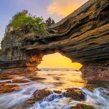 viewes, Bali Island, Rocks, Stones, Bow, indonesia, Tanah Lot, Great Sunsets, mossy, trees
