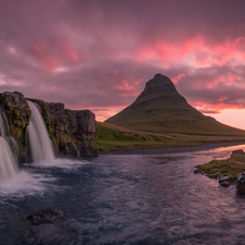 Kirkjufell Mountain, Kirkjufellsfoss Waterfall, Sunrise, iceland, River, Rocks