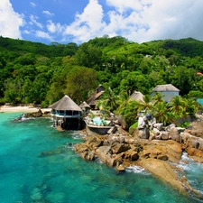 sea, Houses, rocks, forest