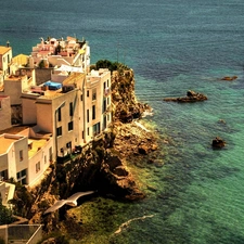 rocks, Houses, sea